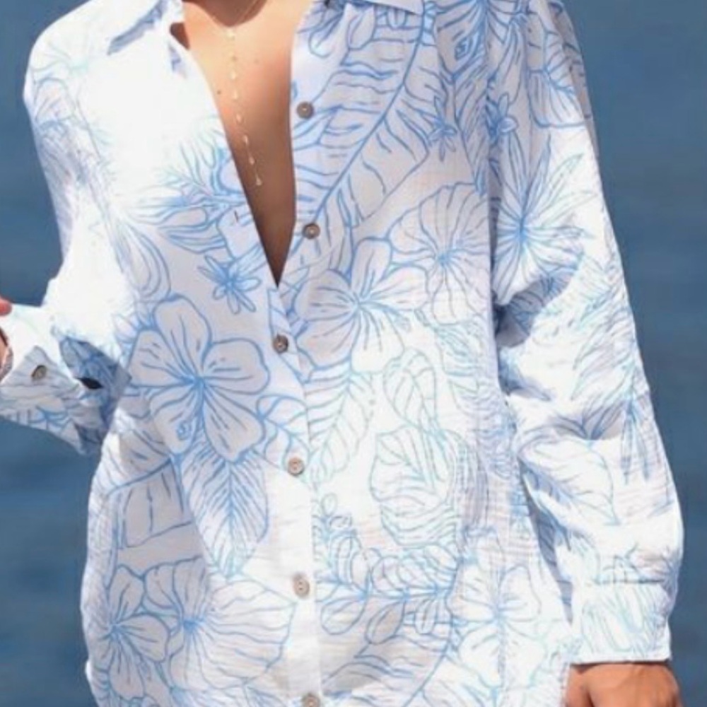 Ocean Drive Blue Floral  Gauze Floral Top